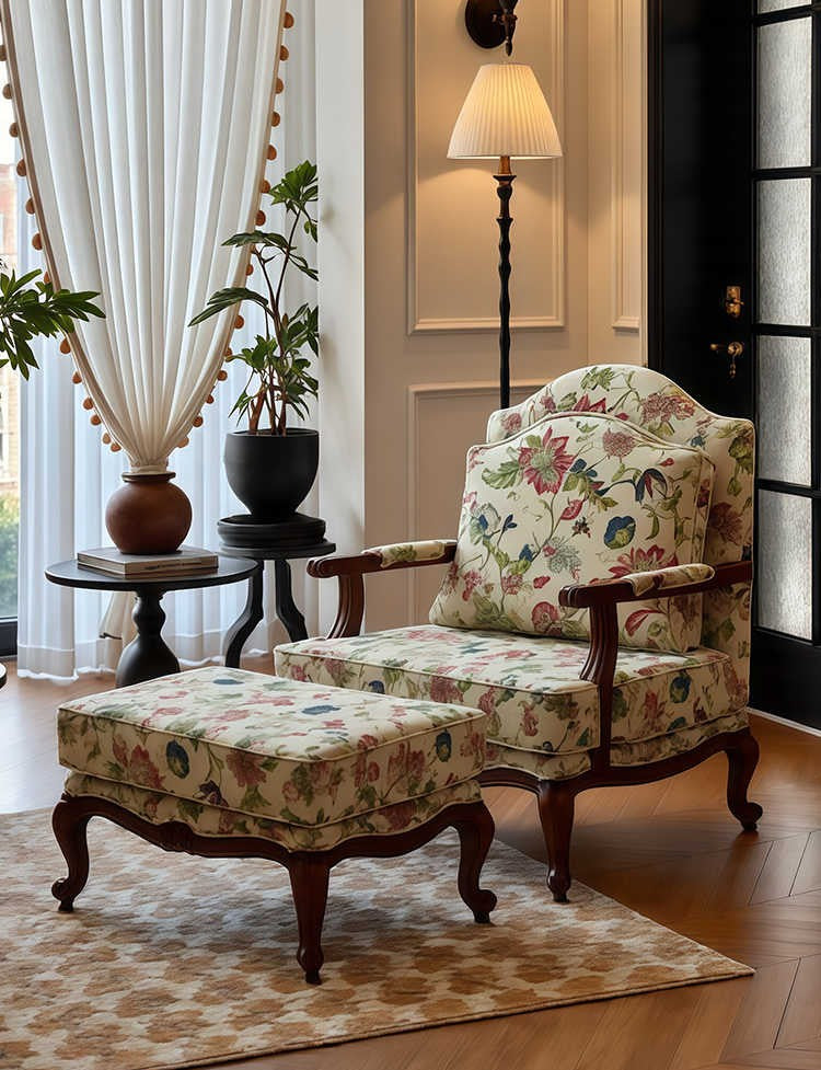 Vintage Floral Tiger Chair Set – Solid Wood Armchair and Ottoman, Retro Lounge for Living Room, Balcony