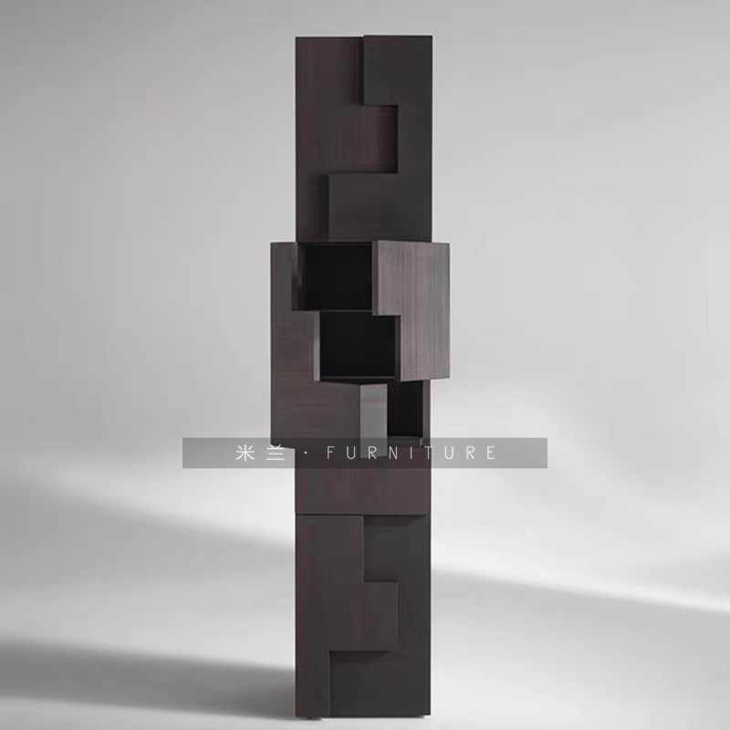 Milan Designer Modular Storage Tower, Nordic Style Cubic Display Cabinet in Black Oak Finish, Contemporary Living Room Corner Bookshelf Unit