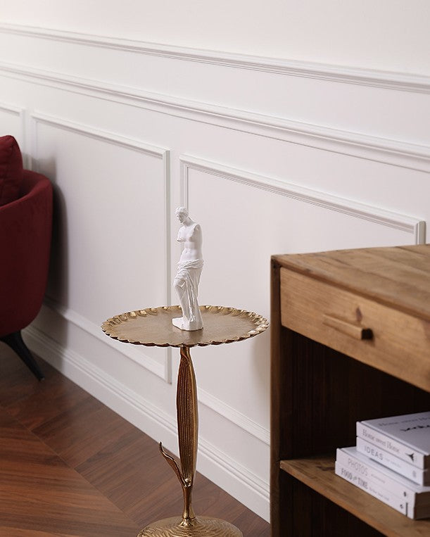 Aluminum Sunflower Side Table, Scalloped Edge Accent Table from India, Luxury Round Tea Table with Floral Design