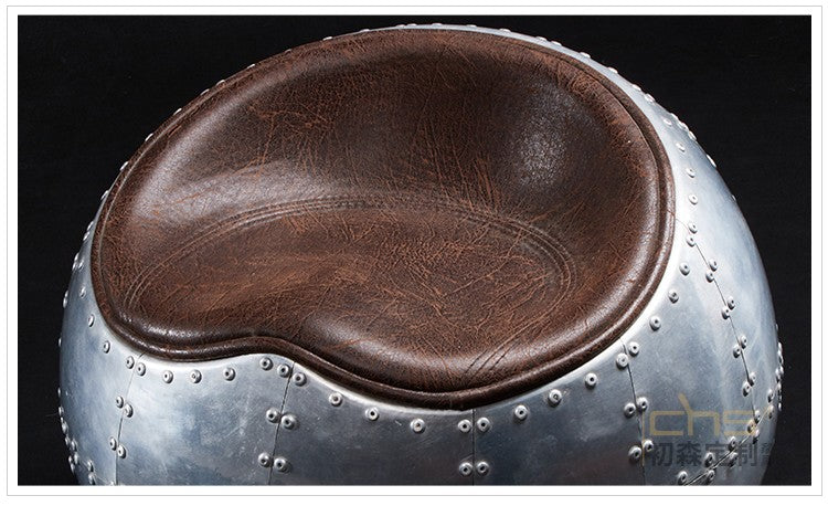 SPITFIRE Aluminum Riveted Sphere Ottoman with Leather Top, Aviation-Inspired Industrial Metal Accent Stoo