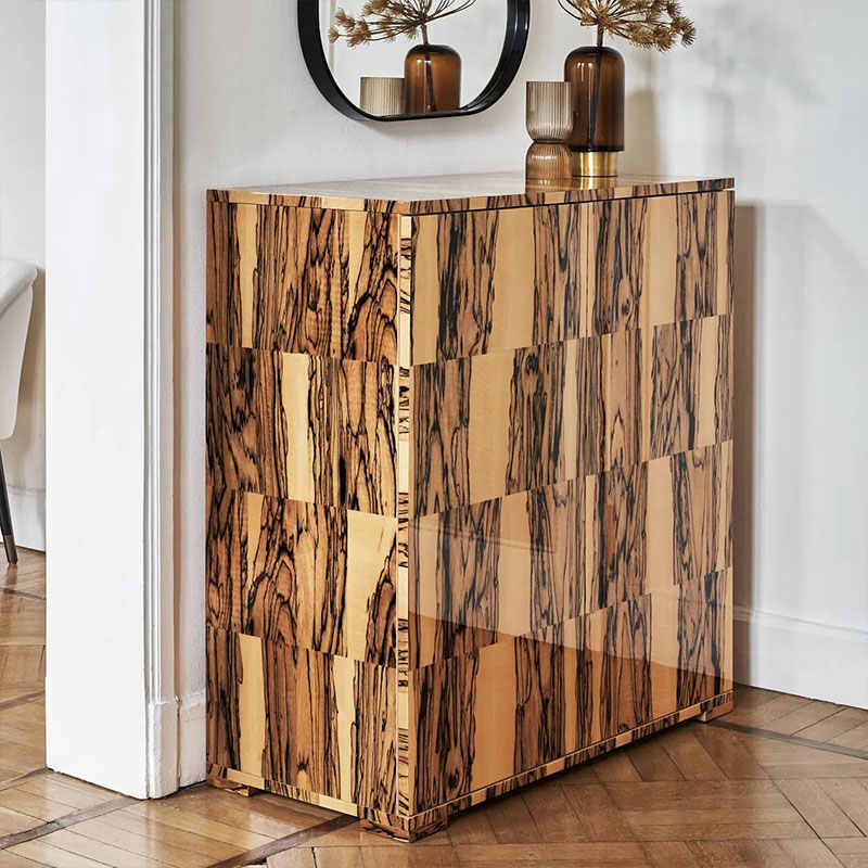 Mid-Century Vintage Patchwork Wood Sideboard, Designer Small Space Entryway Storage Cabinet, Retro Living Room Console