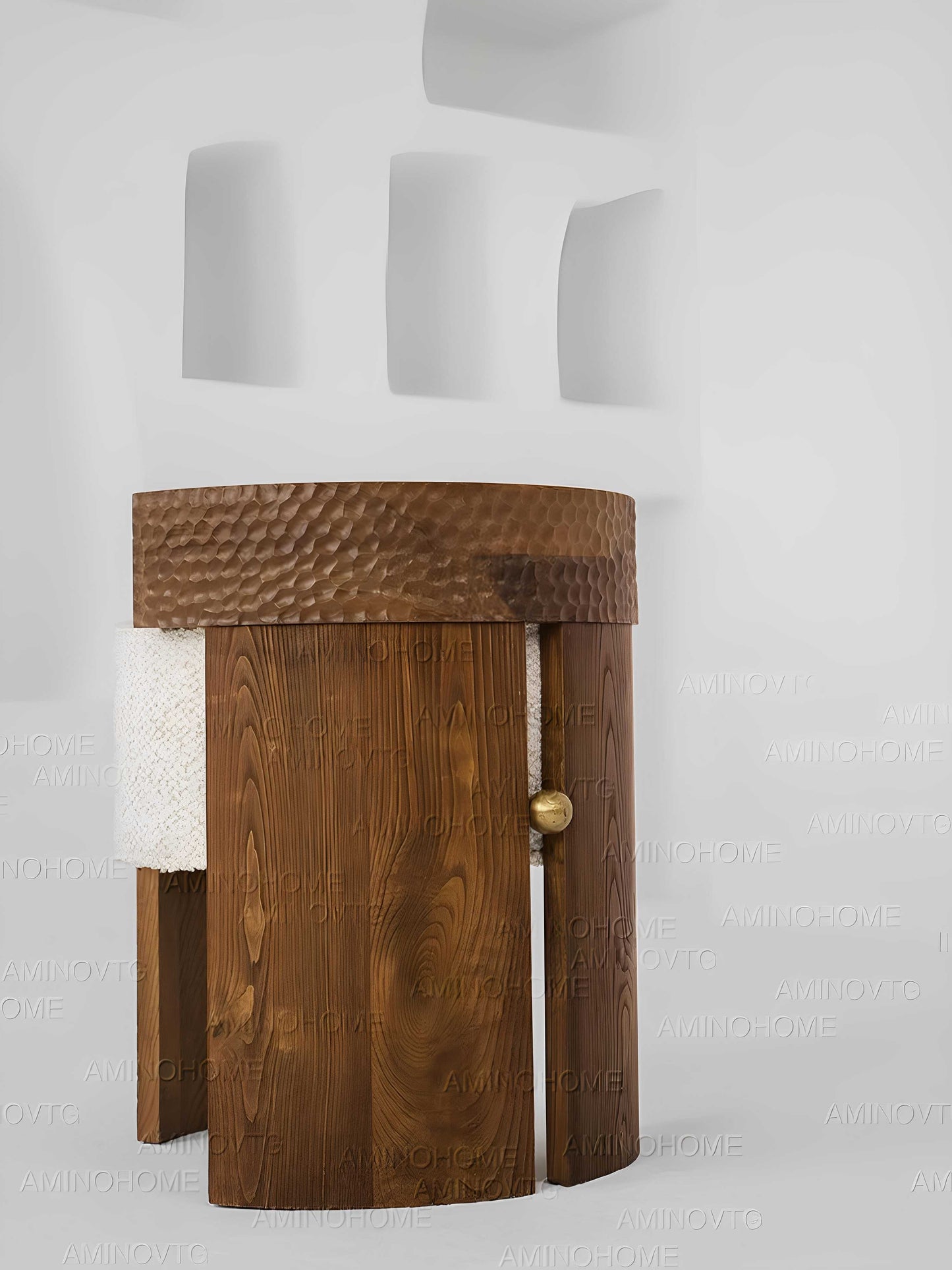 Home Designer Solid Wood Accent Chair with Boucle Upholstery, French Vintage Curved Backrest Dining Chair, Luxury Vanity Stool with Textured Wood Base