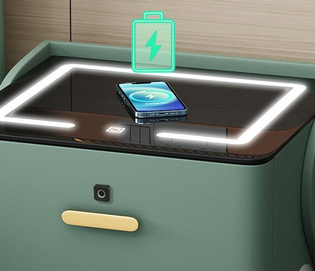 Contemporary Smart Leather Nightstand – Sage Green Premium Design with Integrated Wireless Charging, Bluetooth Audio & Security Lock