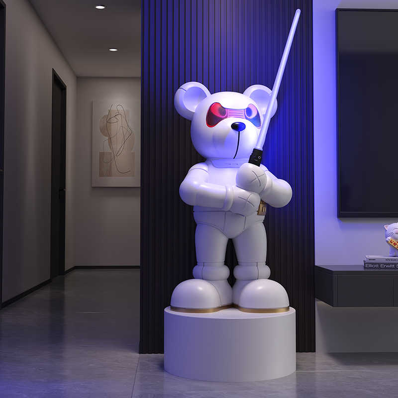 Large Mechanical Bear Floor Sculpture with LED Sword, Modern Tech Decor Statue for Living Room, Hallway, TV Cabinet, Office