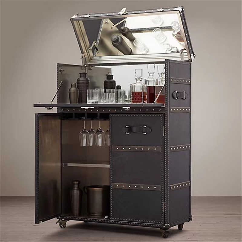 Vintage Industrial Steamer Trunk Bar Cabinet – American LOFT Style Leather-Wrapped Liquor Storage with Mirror Interior, Mobile Entertainment Console