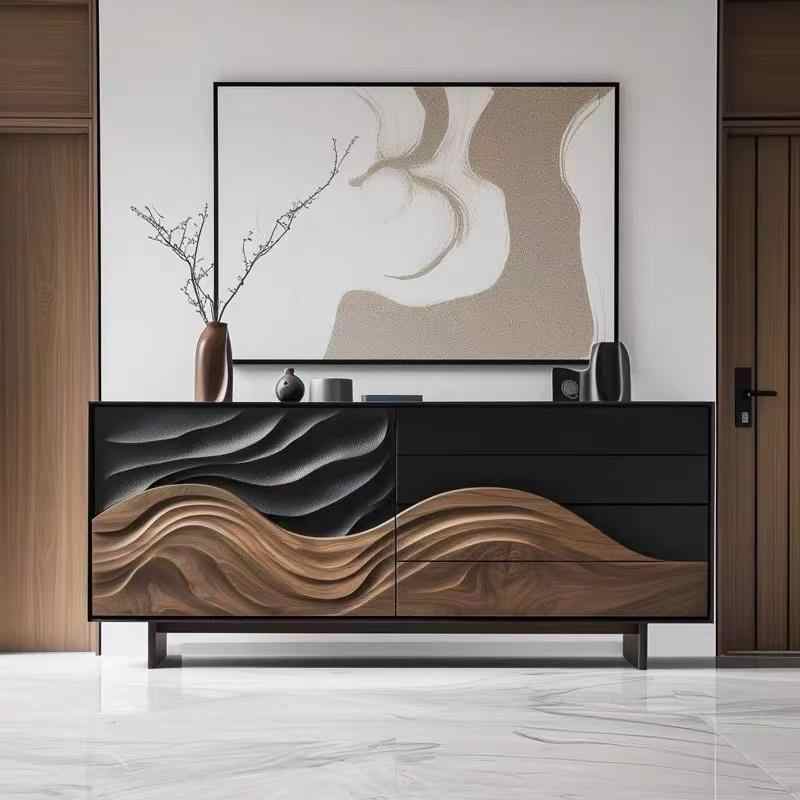 Luxury Modern Wave Carved Sideboard Cabinet, High-End Solid Wood 4-Drawer 2-Door Console for Villa, Bedroom, or Entryway