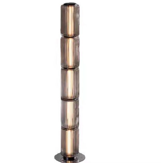 Modern Designer Glass Column Floor Lamp, Stacked Smoky Gray Cylinder Ambient Light for Living Room, Studio, Gallery