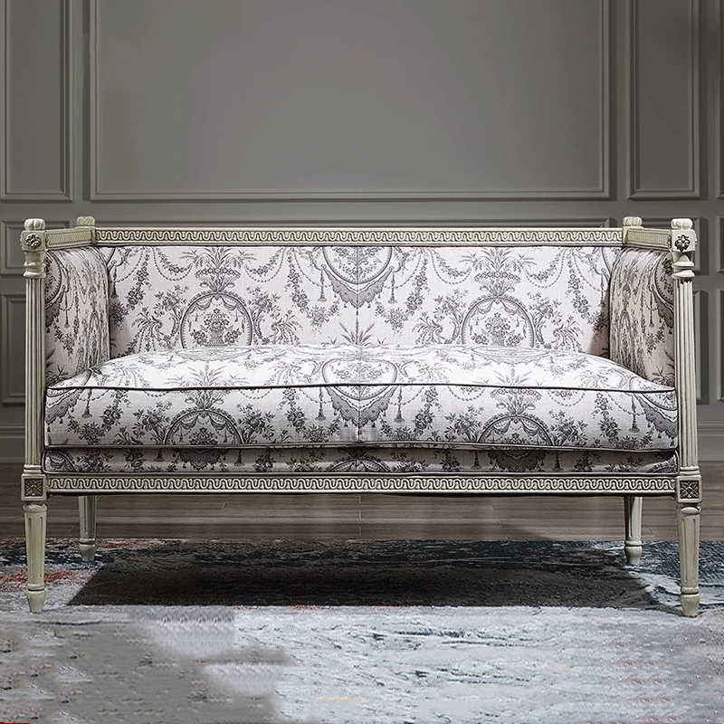 French Louis XVI Style Settee with Classical Toile Upholstery, Distressed Wood Frame Two-Seater Sofa with Carved Details, European Formal Living Room Furniture,