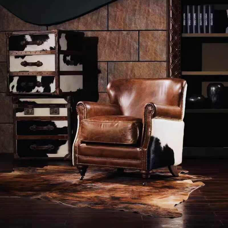 Vintage "Tiger Chair" Club Armchair – Premium Italian Leather & Cowhide Upholstery with Brass Nailhead Trim, Export Quality Cigar Lounge Seating
