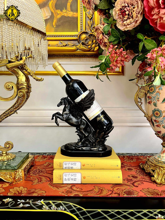 Luxury Bronze Marble Pegasus Wine Rack, Manor Style Black Sculpture for High-End Bar, Wine Cabinet, Villa Display