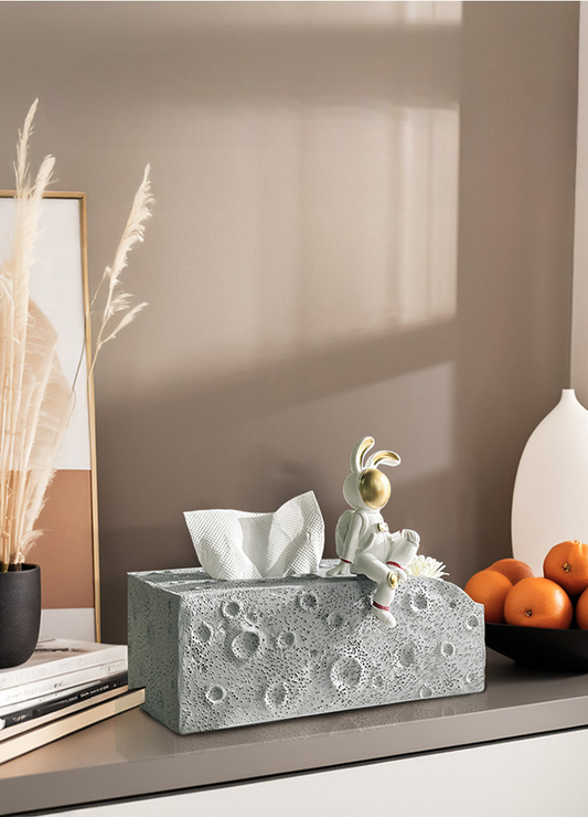 Luxury Astronaut Bunny Tissue Box – Lunar Surface Storage Holder, Modern Cute Dining Table & Living Room Accent