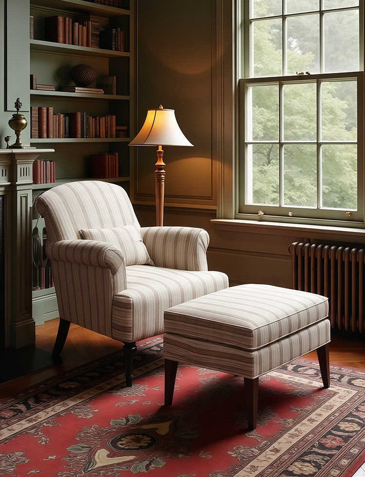 Vintage High-Back Tiger Armchair & Ottoman Set – Retro Striped Single Sofa for Living Room, Balcony, Homestay, or Study