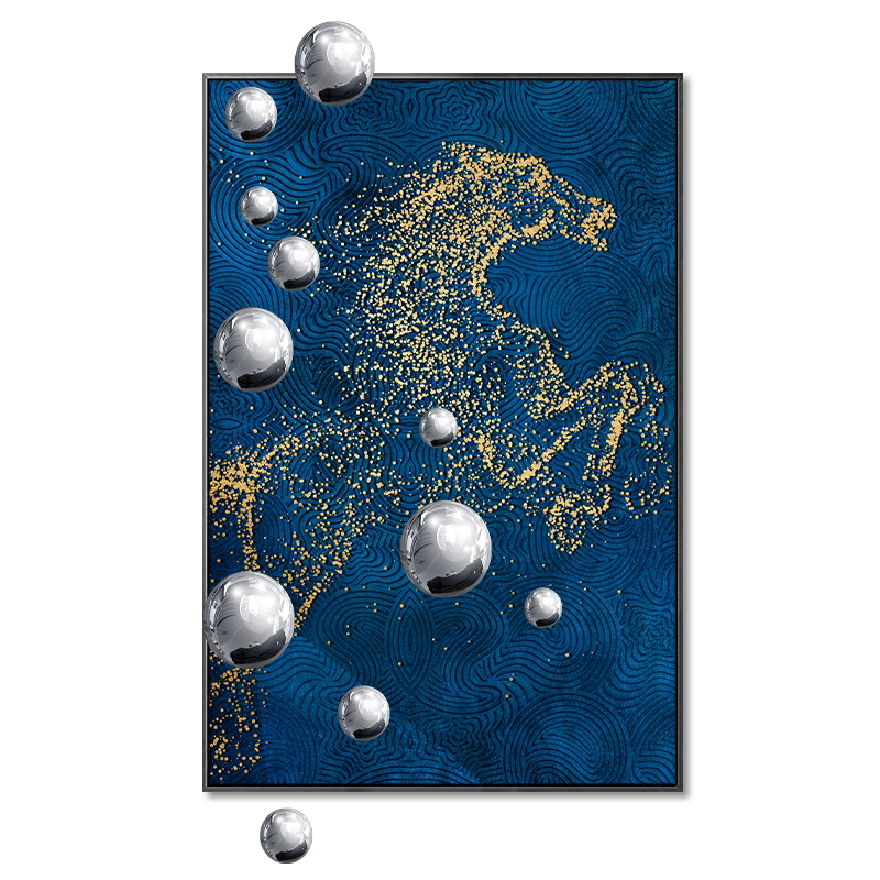 Luxury Blue and Gold Horse Canvas Wall Art with 3D Metal Spheres, Large Abstract Decorative Painting for Office Entrance or Living Room