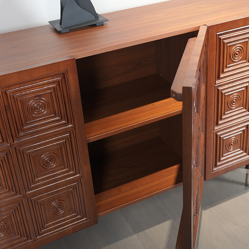 Mid-Century Traditional Carved Rosette Solid Wood Sideboard – Designer Three-Door Storage Cabinet with Relief Pattern, Premium Entryway Console for Living Room and Dining
