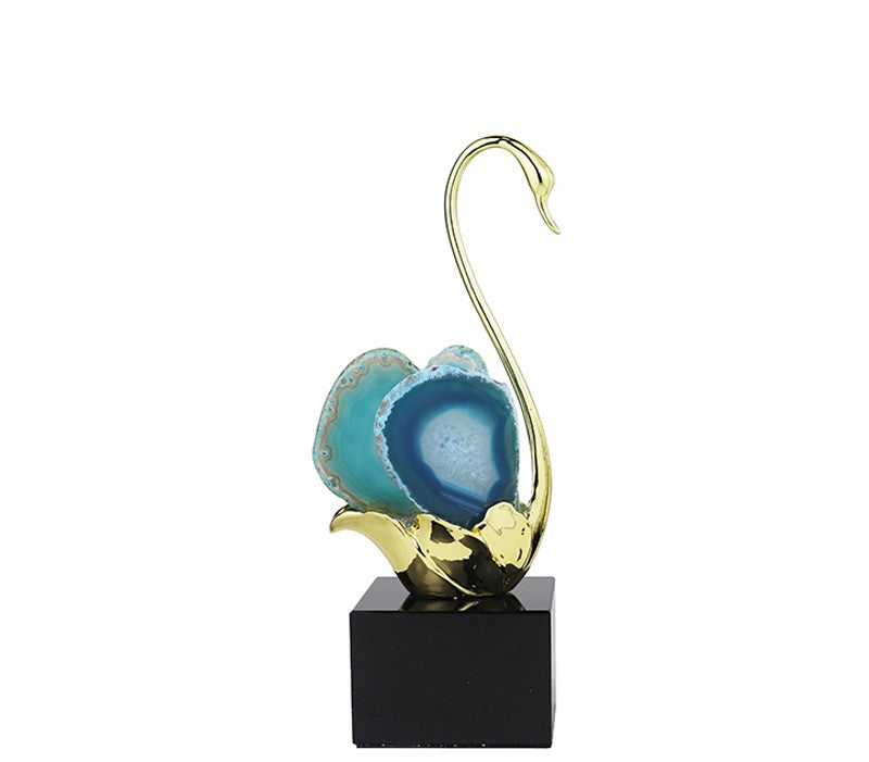 Luxury Blue Agate Swan Sculpture Set – Gold Modern Crystal Stone Figurines for Living Room, Entryway, TV Cabinet, Home and Gift