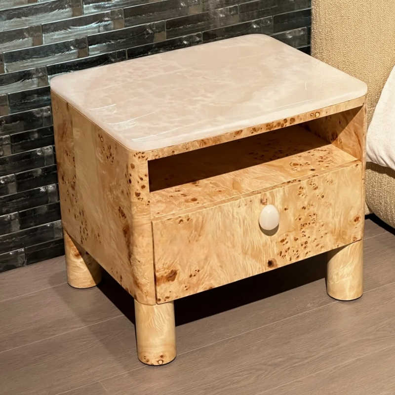 Designer Burl Wood Bedside Nightstand, Vintage Solid Wood End Table with Drawer, Luxury Bedroom & Hotel Accent Cabinet – Pre-Assembled