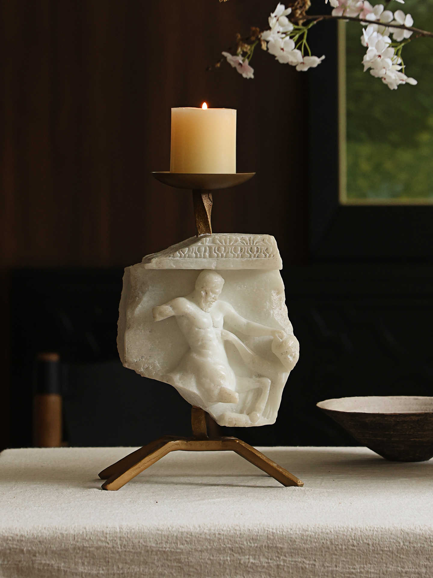 Classical Sculpture Fragment Candle Holder, French Antique Style Faux Marble Relief with Bronze Accents, Romantic Candlelight Décor