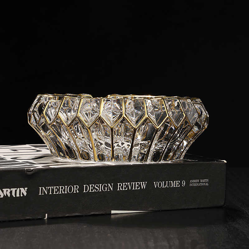 Luxury Gold-Trimmed Crystal Diamond-Cut Glass Ashtray, Large Heavy-Duty Anti-Ash Design for Home Office, Premium Decorative Smoking Accessory