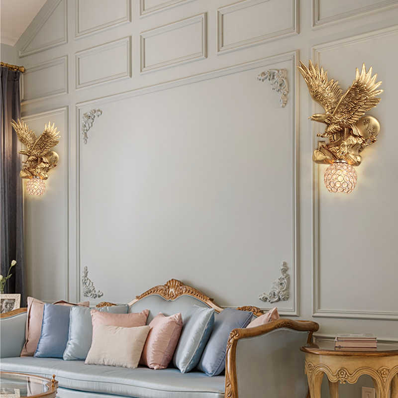 Golden Eagle Wall Sconce – Decorative Animal Lamp with Crystal Globe Shade for Living Room, Office, Staircase, Bar, or TV Feature Wall