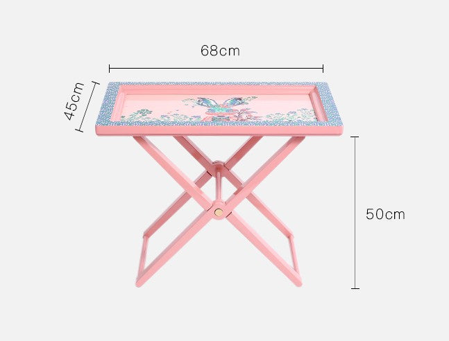 Birch Wood Folding Tea Table, Hand-Painted Floral Garden Bunny Design Side Table, Portable TV Tray with Pink Frame
