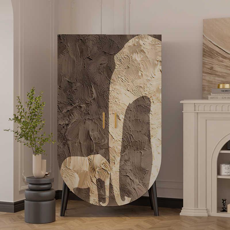 Modern Minimalist Wood Storage Cabinet | Abstract Art Double Door Wardrobe, Versatile Solid Pine Organizer for Bedroom, Living Room, Dining Area