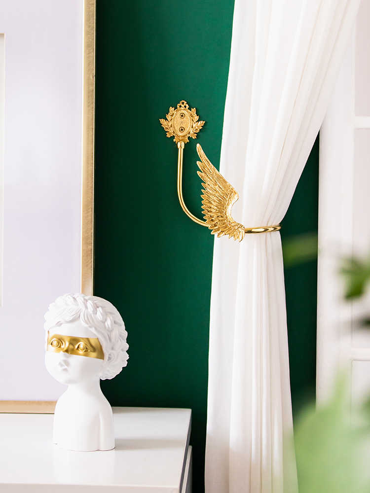 Luxury Angel Wing Curtain Hook Set (Left and Right), Brass Gold Decorative Drapery Holdback, Creative Art Deco Bedroom & Living Room Wall Hook