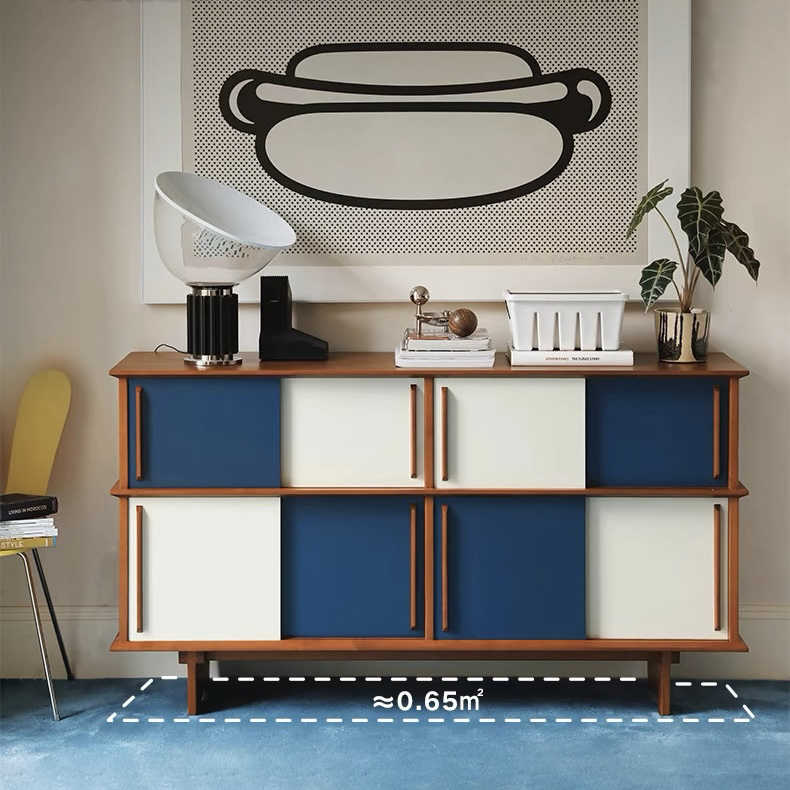Mid-Century Danish Retro Two-Tone Sideboard – Modern Blue and White Storage Cabinet, Solid Wood Vintage Credenza with Sliding Doors, Designer Dining Room Buffet