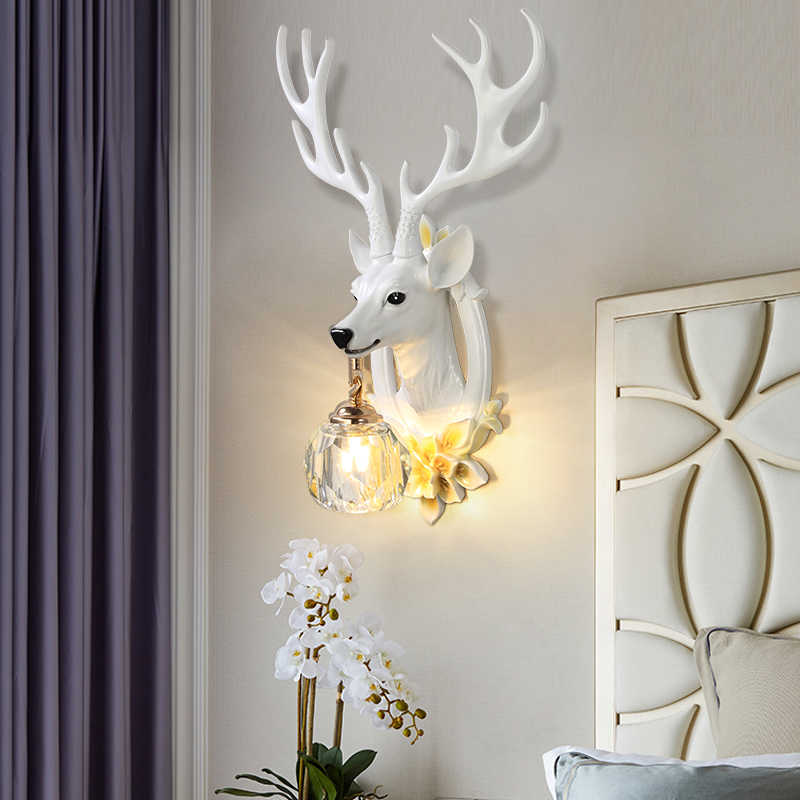 White Deer Head Wall Sconce – Modern Resin Antler Wall Lamp with K9 Crystal Shade for Living Room, Bedroom, and Statement Walls