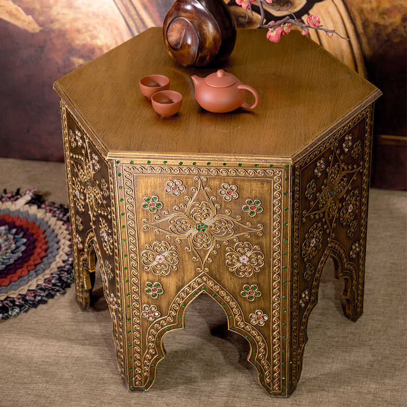 Authentic Thai Octagonal Carved Side Table, Southeast Asian Vintage Wooden Tea Table with Intricate Inlay Work
