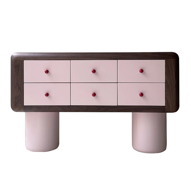 Pink Lacquer Artistic Console Cabinet, Modern Minimalist Entryway Sideboard, 6-Drawer Storage Dresser