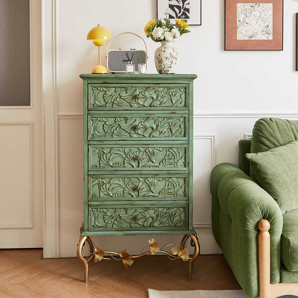 American Vintage Sage Green Chest with Hand-Carved Botanical Relief & Brass Ginkgo Base, 5-Drawer Storage Cabinet