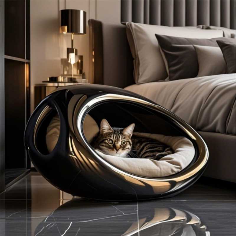 Luxury Space Pod Cat Bed with Non-Stick Coating, Designer High-End Pet Villa with All-Season Comfort & Security