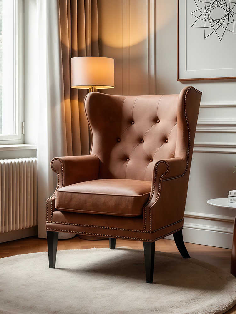 Luxury Vintage High-Back Leather Wing Chair – Designer Retro Accent Armchair for Living Room, Bedroom & Study, Tiger Chair