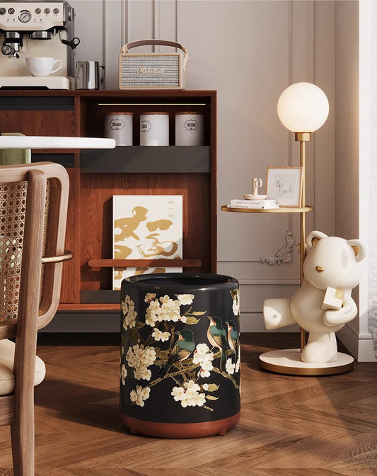 Luxury Vintage Style Waste Bin, Japanese Bird & Blossom Design Trash Can with Reinforced Body, Premium Home Décor Garbage Bin for Living Room