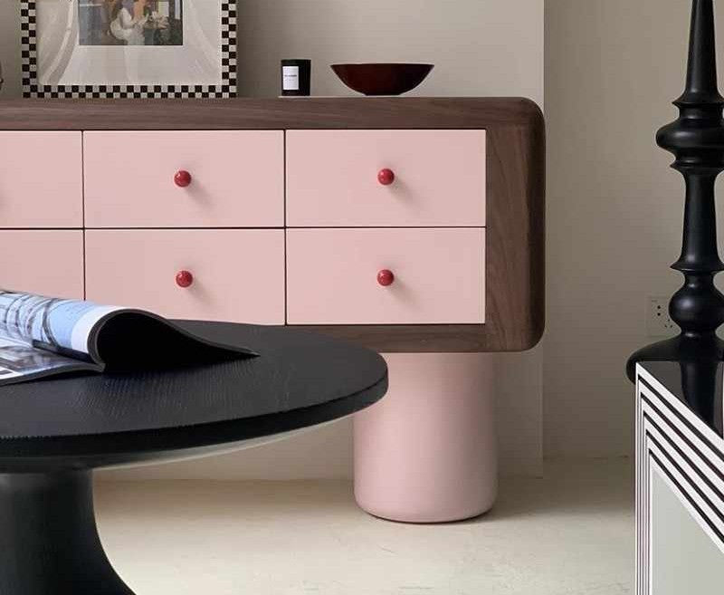 Pink Lacquer Artistic Console Cabinet, Modern Minimalist Entryway Sideboard, 6-Drawer Storage Dresser