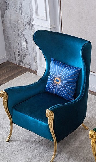 Luxury Royal Blue Velvet Wingback Chair – Baroque High-Back Armchair with Gold Legs, Premium Accent Chair for Living Room