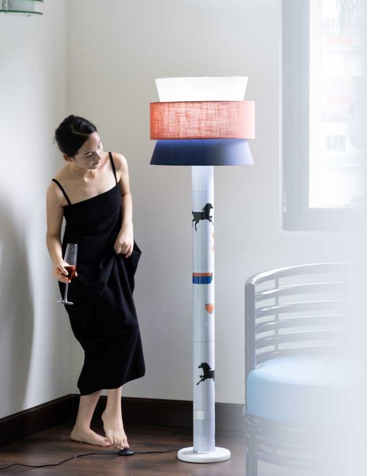 Modern Linen Color Block Floor Lamp, Blue Orange Accent, Adjustable Three-Tone Light for Living Room, Bedroom, Office