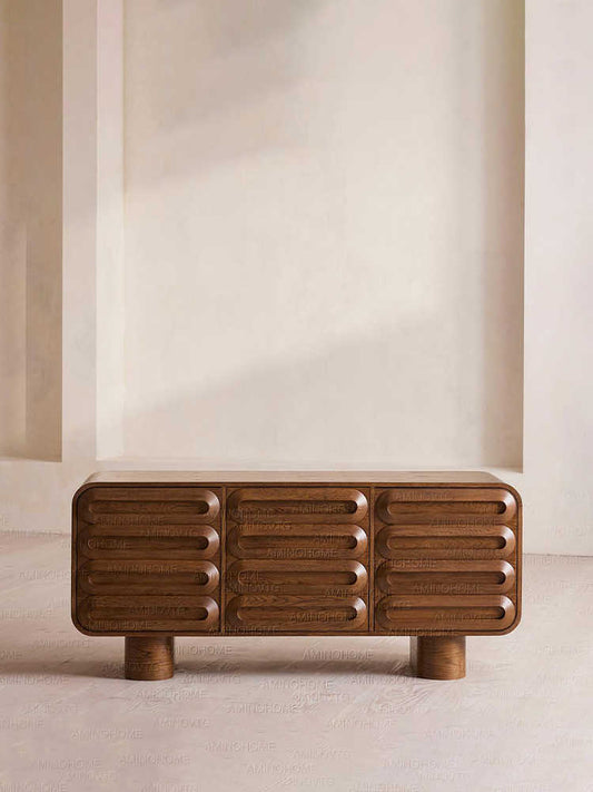 Wabi-Sabi Solid Wood Sideboard with Curved Design, Japanese Minimalist Storage Cabinet with Natural Oak Finish for Small Spaces