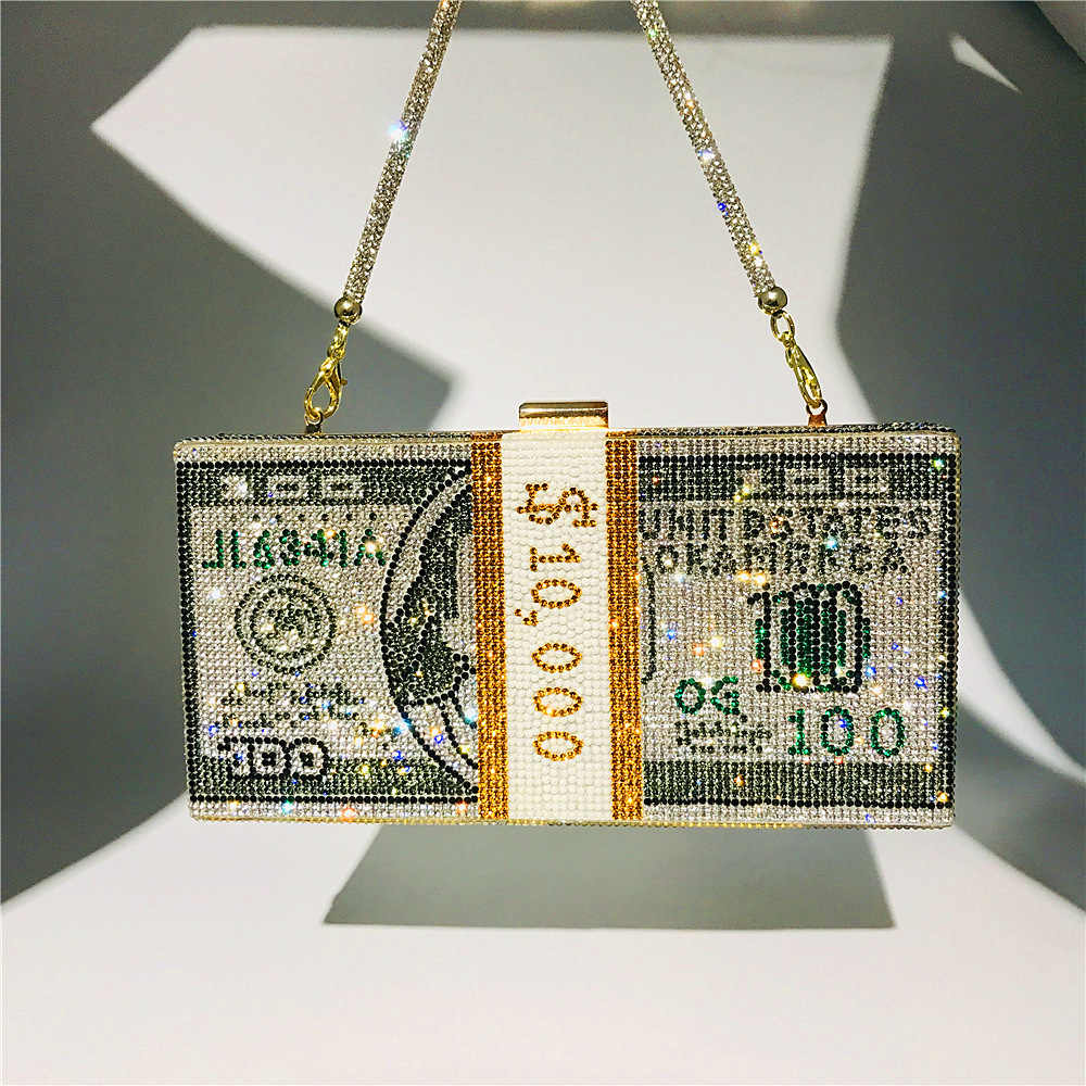 Luxury Diamond Crystal Money Stack Clutch Bag – Sparkly Evening Purse with Gold Chain Strap, Designer Novelty Handbag for Parties and Special Events