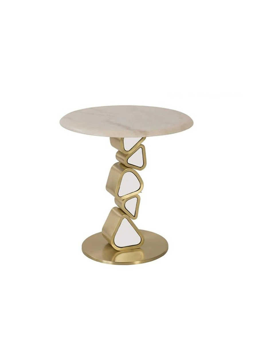 Modern Luxury Marble Side Table, Small Designer Round Coffee Table with Unique Geometric Metal Base, 18-Inch End Table for Living Room, Bedroom, Accent Corner