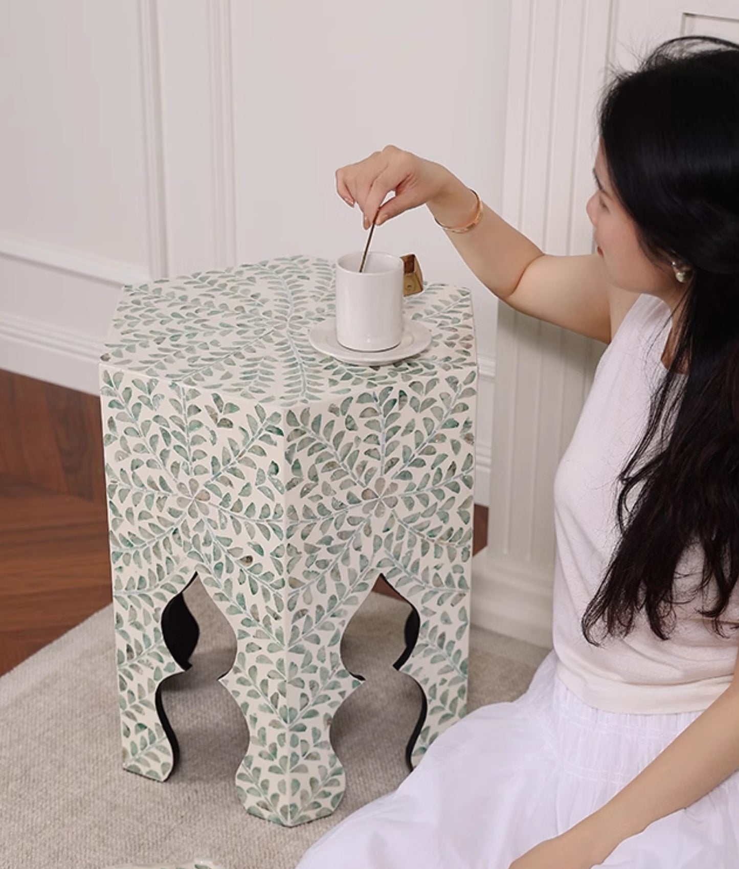 Garden Stool with Green Bone Inlay, Carved Floral Pattern Side Table, Traditional Decorative Plant Stand with Moroccan Style