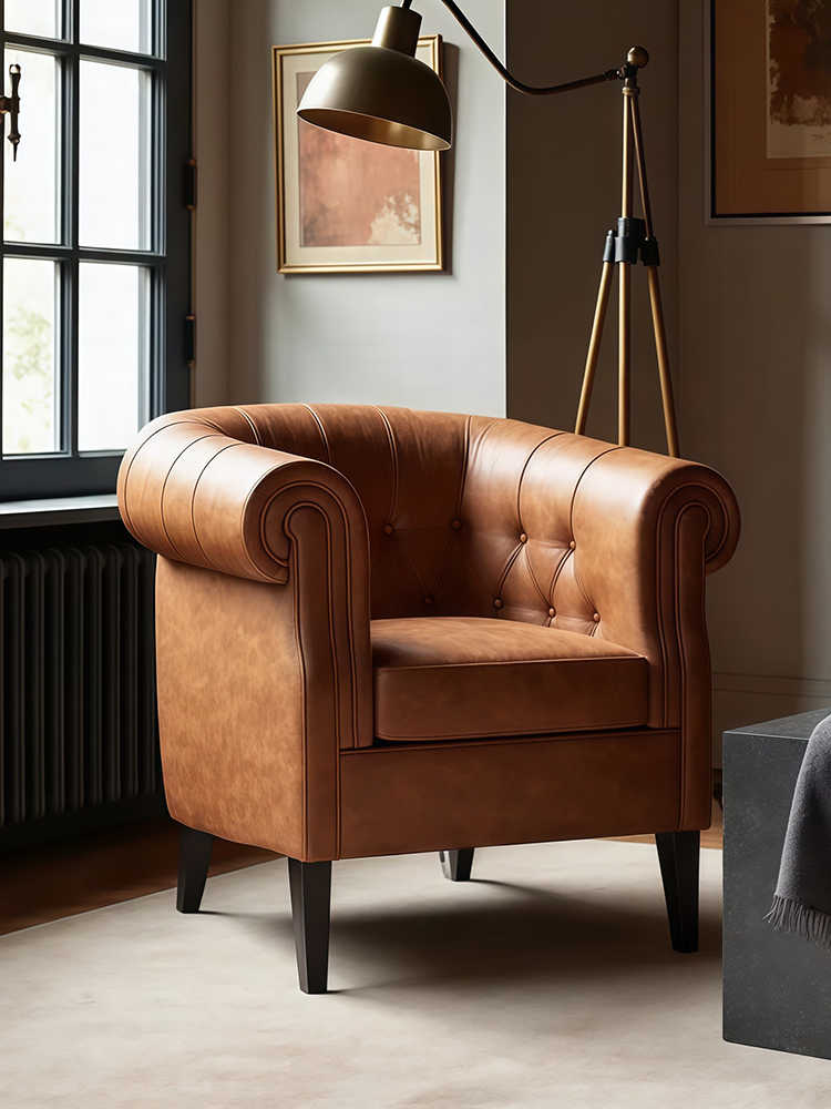 Vintage Leather Club Chair – Retro Chesterfield Single Armchair for Living Room, Bedroom & Home Office, Tufted Barrel Accent