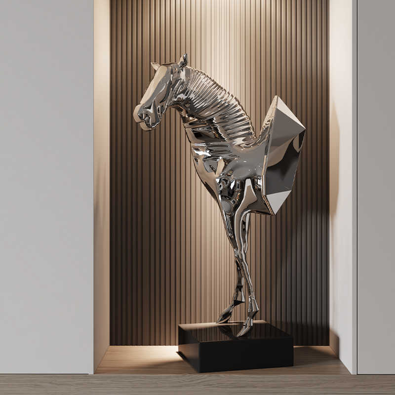 Luxury Silver Horse Head Sculpture, Modern High-End Large Floor Art for Foyer, Hotel, Staircase, Statement Decor