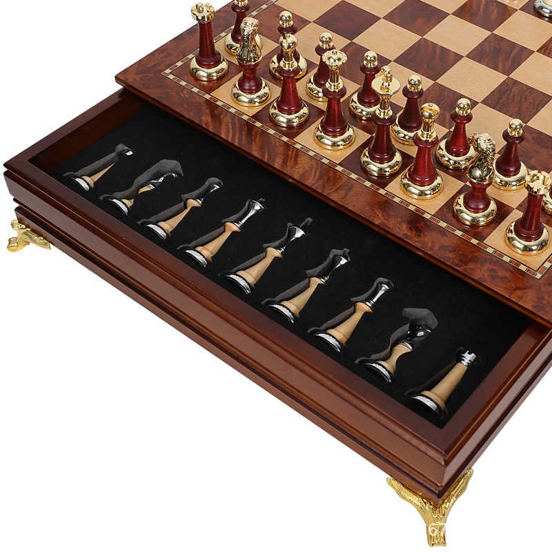 European Luxury Chess Set – High-End Solid Wood Drawer Chess Table with Gold Metal Inlaid Pieces, Classic Decorative International Chess Board