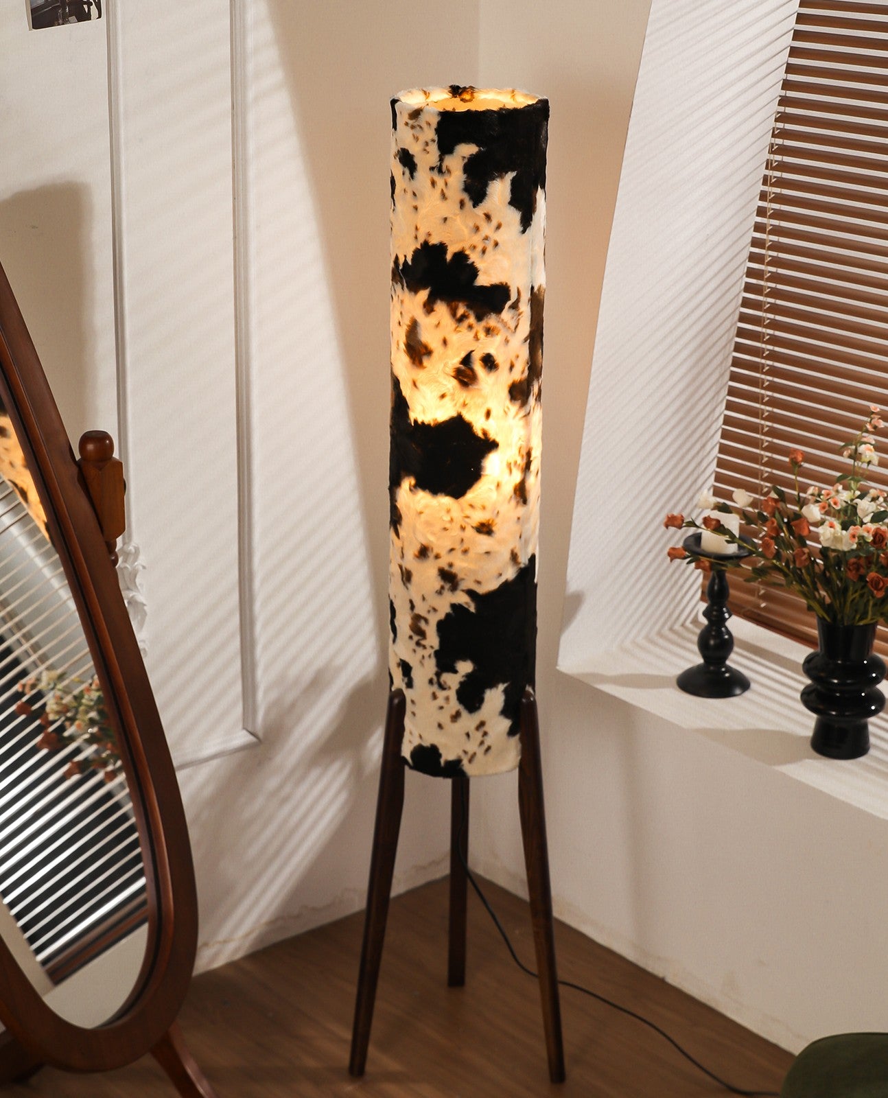 Retro Faux Cowhide Floor Lamp, Vintage Walnut Base Standing Light, Designer Plush Fabric Shade for Living Room, Sofa Side, Bedroom Ambiance