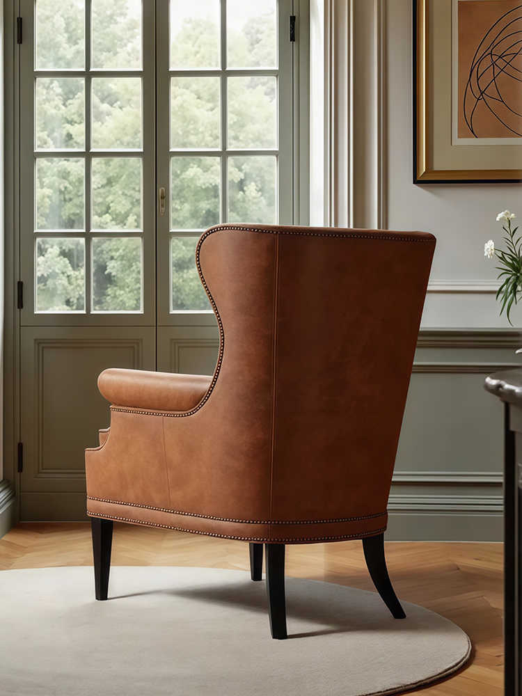 Luxury Vintage High-Back Leather Wing Chair – Designer Retro Accent Armchair for Living Room, Bedroom & Study, Tiger Chair