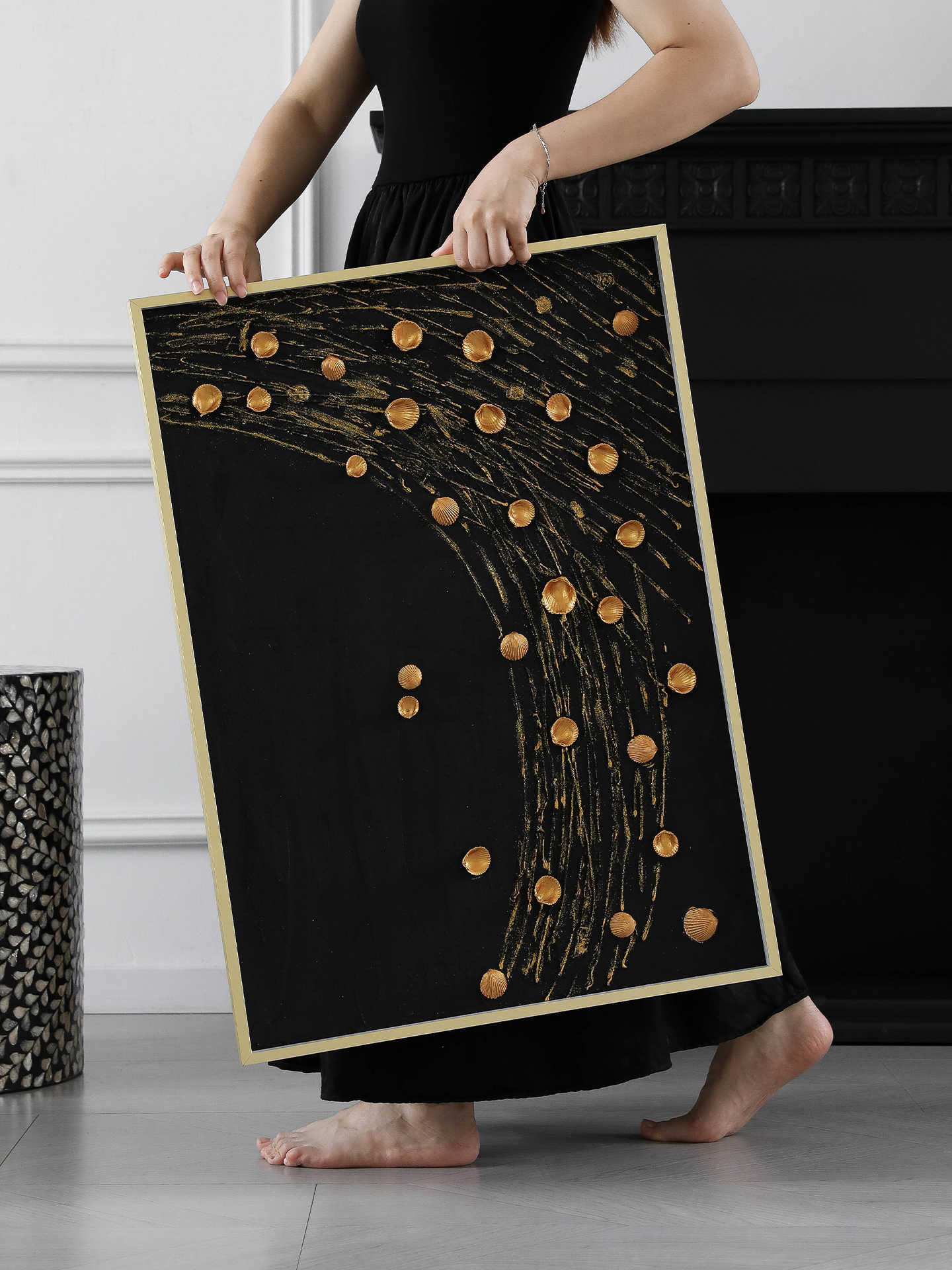 Original Gold Shell Abstract Wall Art, Luxury Handmade 3D Painting for Entryway, Living Room & Modern Decor