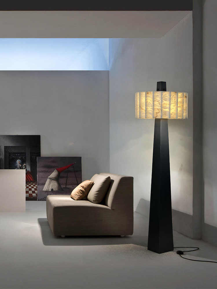 Natural Snowflake Stone & Black Brushed Stainless Steel Designer Floor Lamp, Luxury Villa/Model Room/Living Room/Study