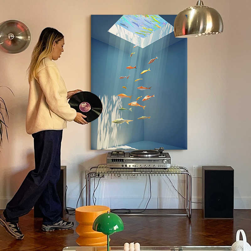 Modern Hand-Painted Oil Painting, "Light Through the Water" Fish Art for Living Room Entryway, High-End Minimalist Wall Decor Titanium Black Frame