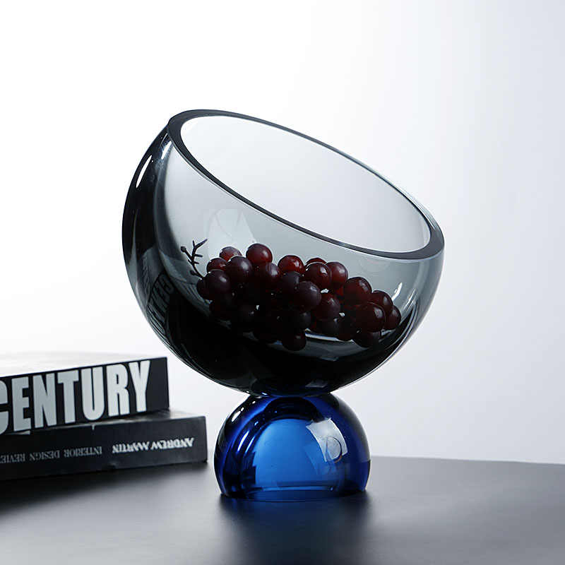 Creative Tilted Crystal Glass Fruit Bowl with Blue Sphere Base, Modern Angled Serving Dish for Candy Snacks Living Room Club, Luxury Contemporary Décor
